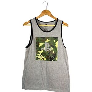 PlayStation Mens Tank Top Gray‎ Camo Logo Japanese Text Ringer Sleeveless M